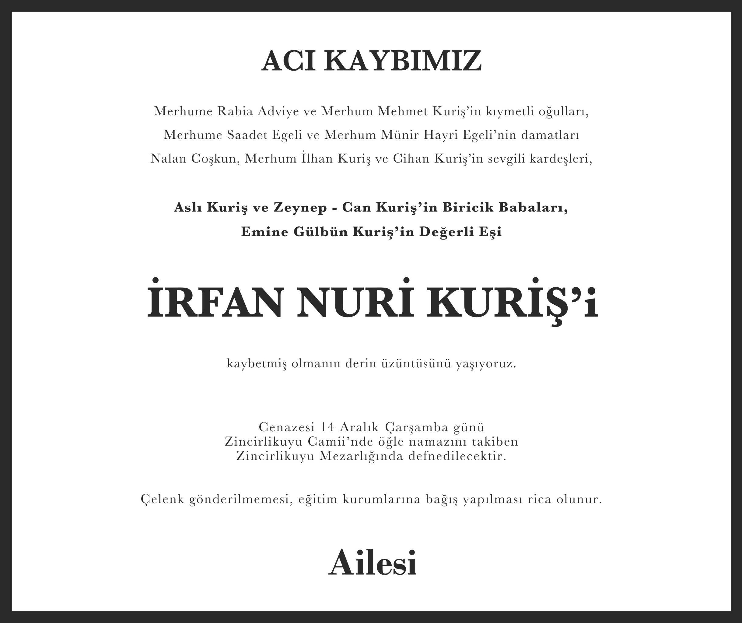 Sade gazete vefat ilanı örneği