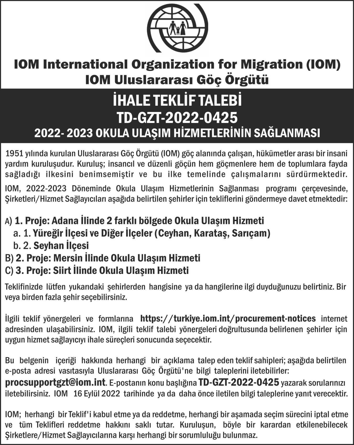IOM teklif çağrısı gazete ilanı