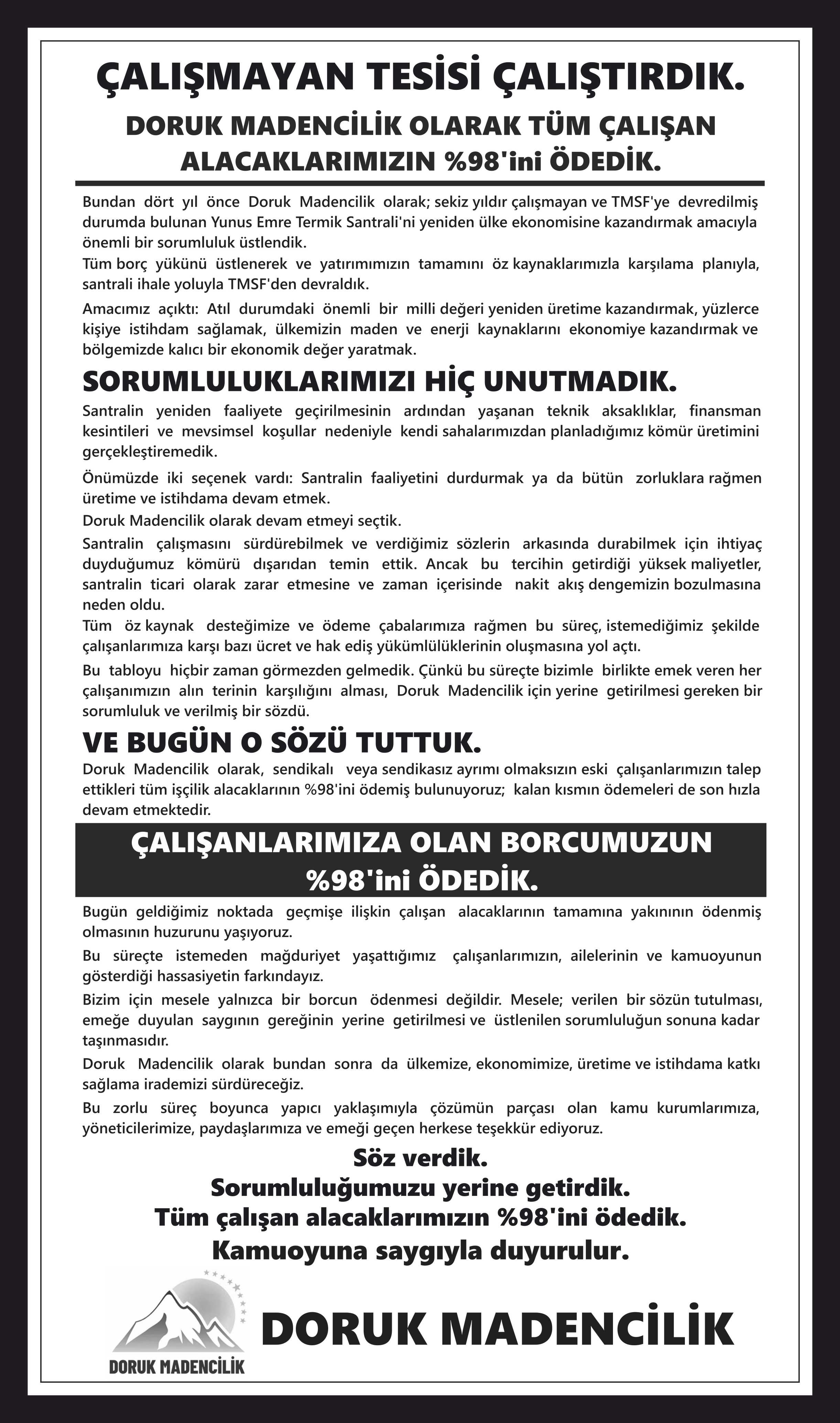 Doruk Madencilik kamuoyuna duyuru ilanı