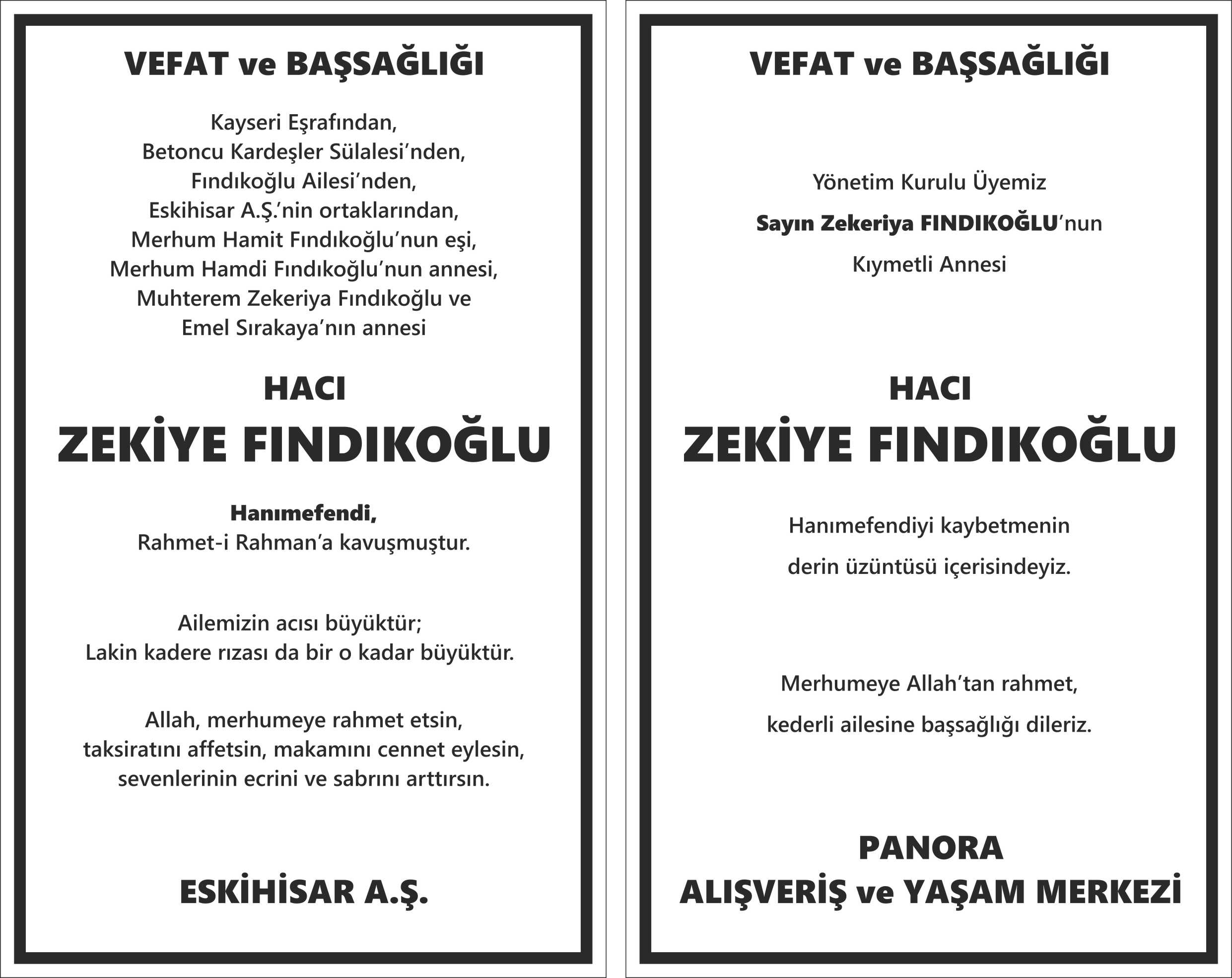 Eskihisar vefat ve başsağlığı ilanı