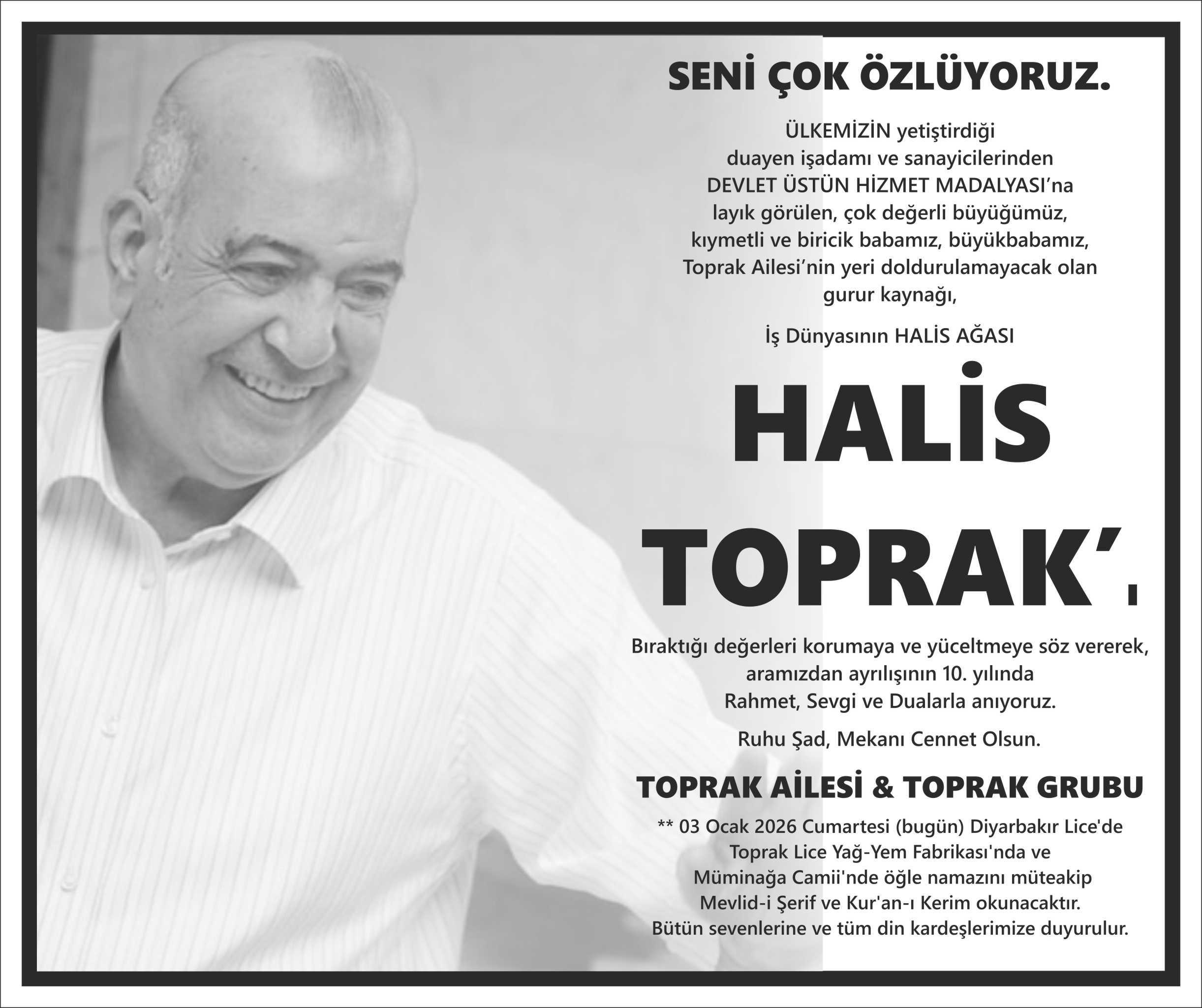 Halis Toprak anma ilanı