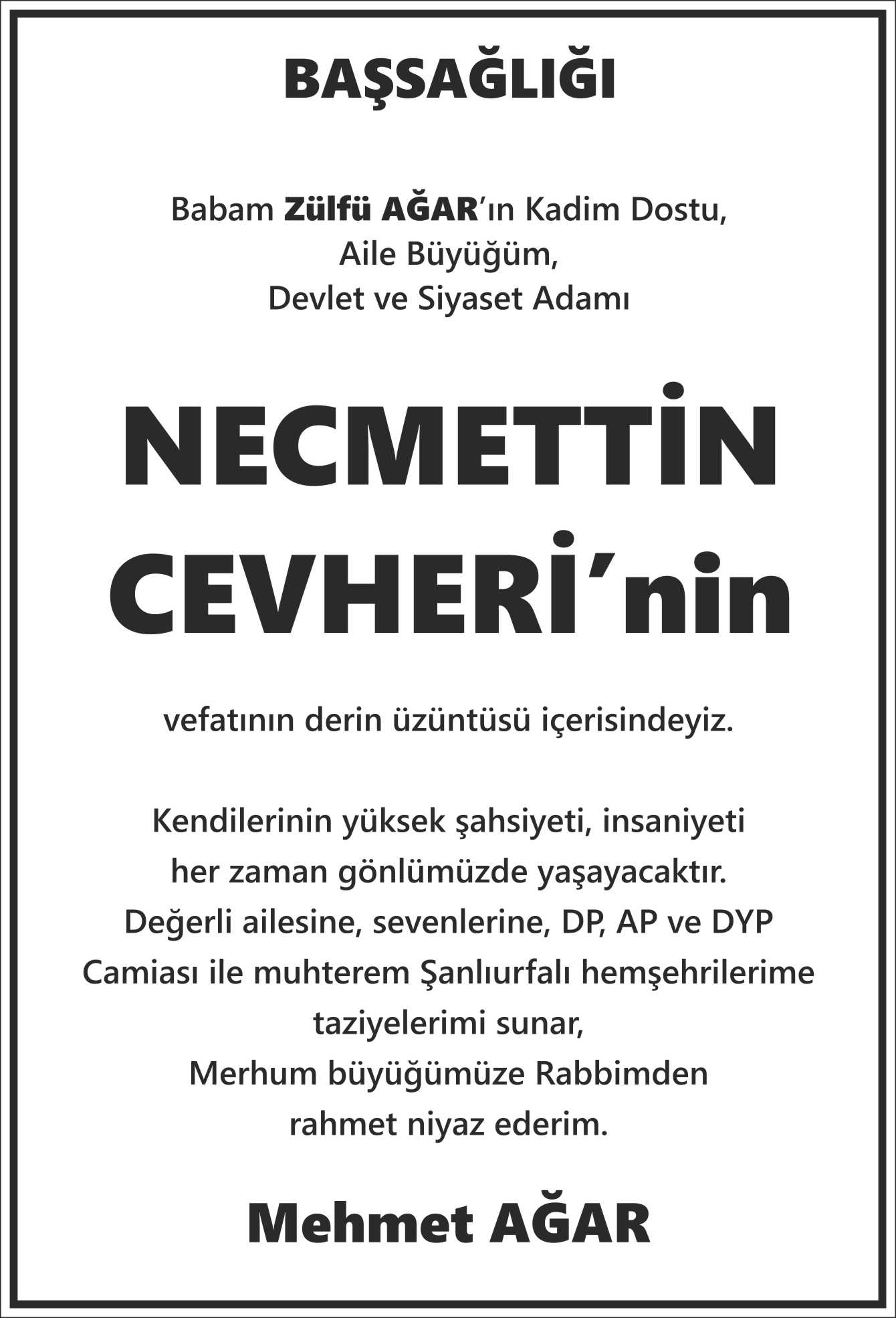 Mehmet Ağar başsağlığı ilanı