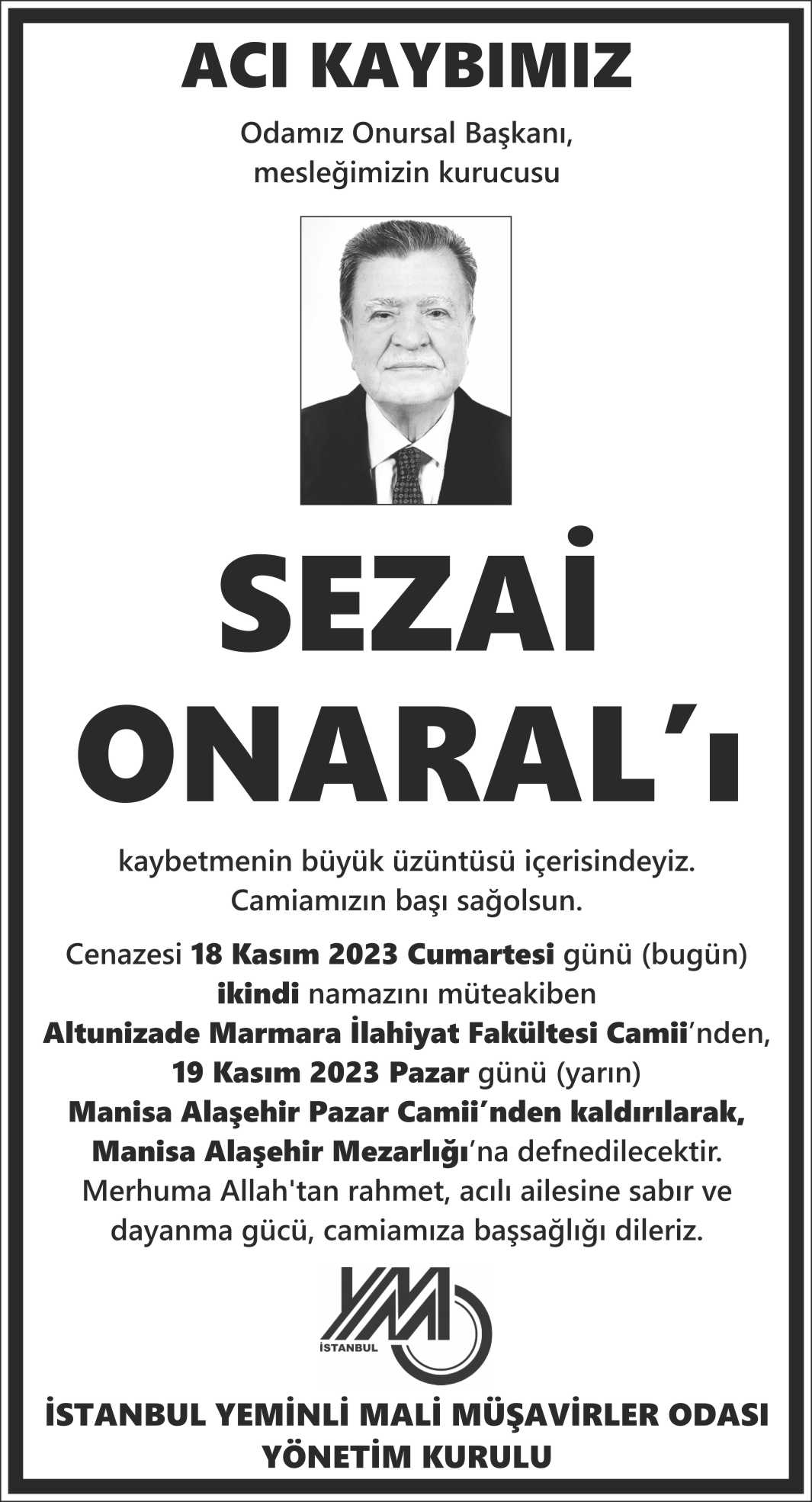 Mimarlar Odası acı kaybımız ilanı