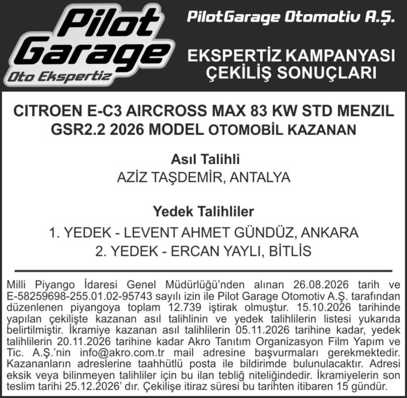 Pilot Garage çekiliş sonuç ilanı