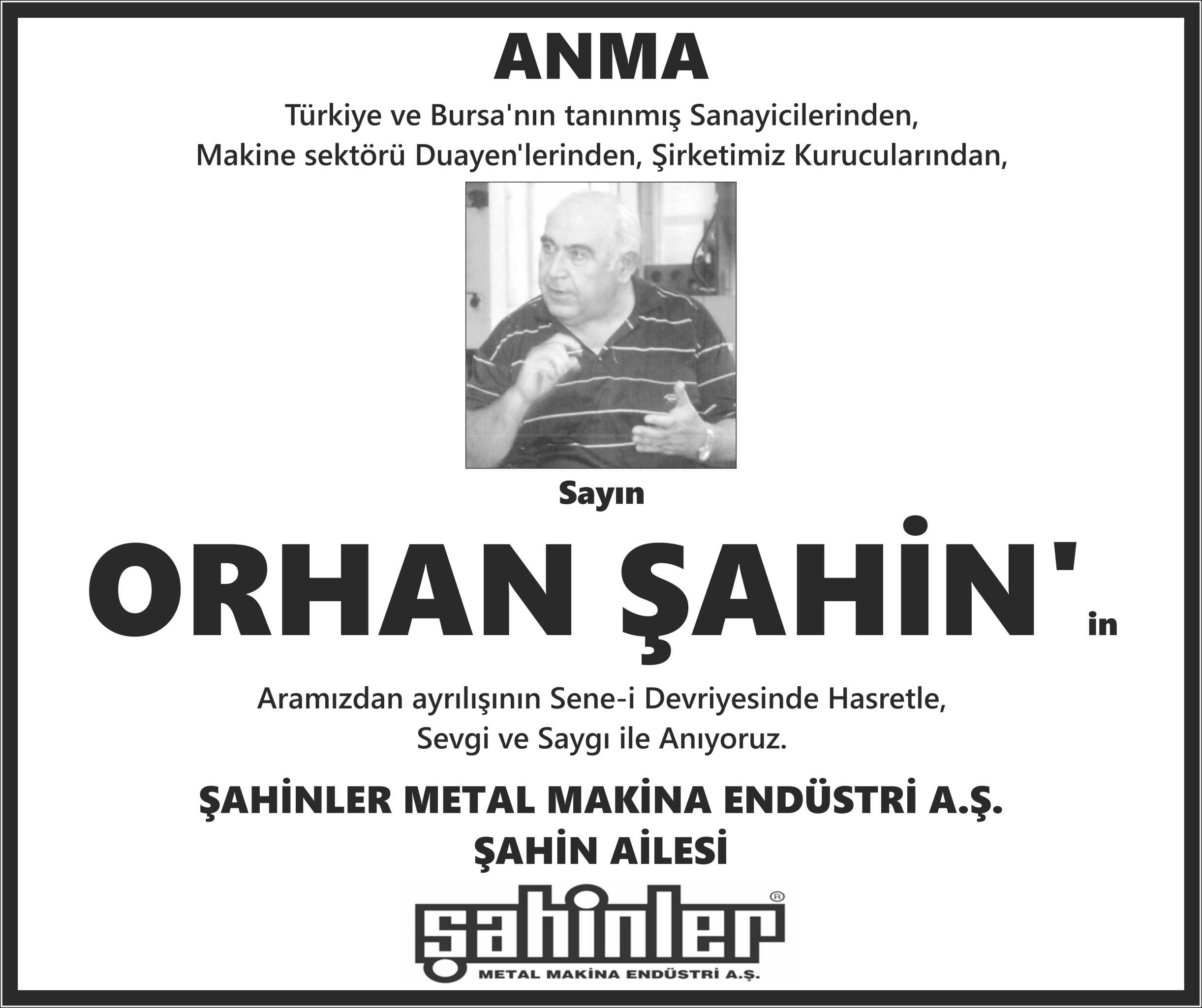 Orhan Şahin anma ilanı