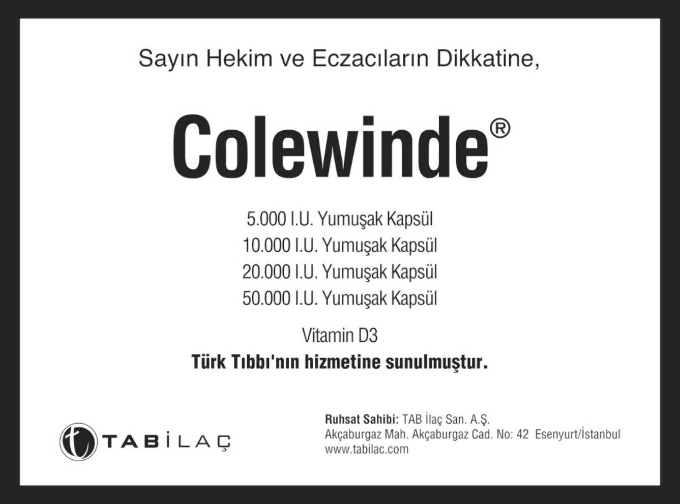 Tabilac Colewinde ürün ilanı
