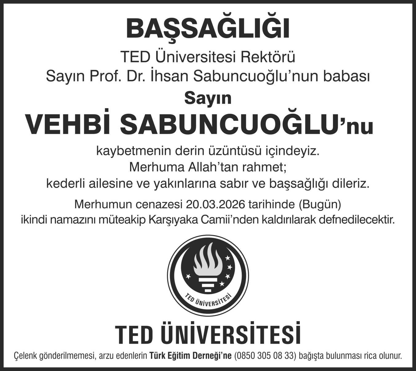 TED Üniversitesi başsağlığı ilanı