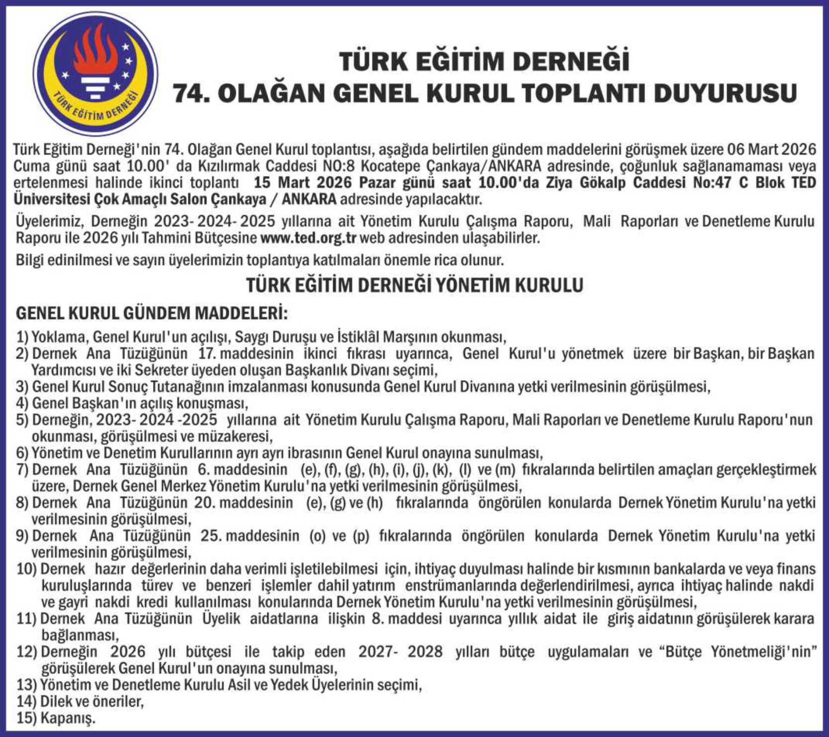 TED genel kurul toplantısı gazete ilanı