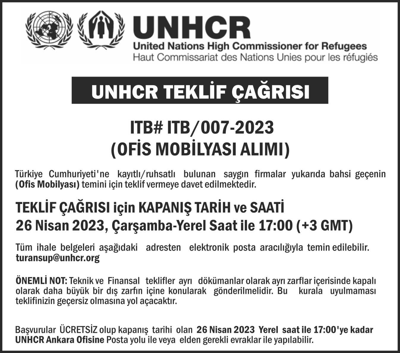UNHCR teklif çağrısı ilanı