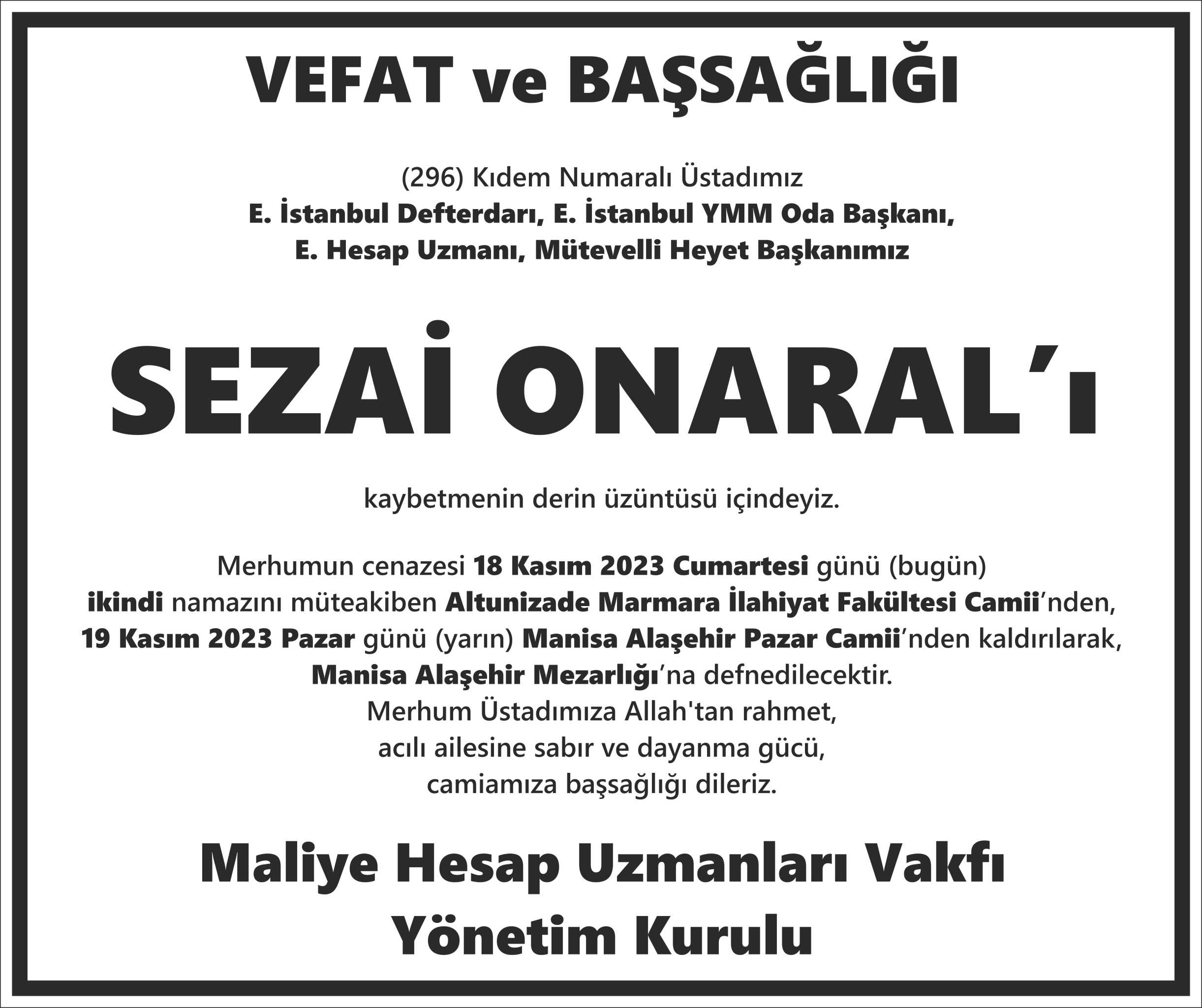 Maliye Hesap Uzmanları Vakfı vefat ilanı