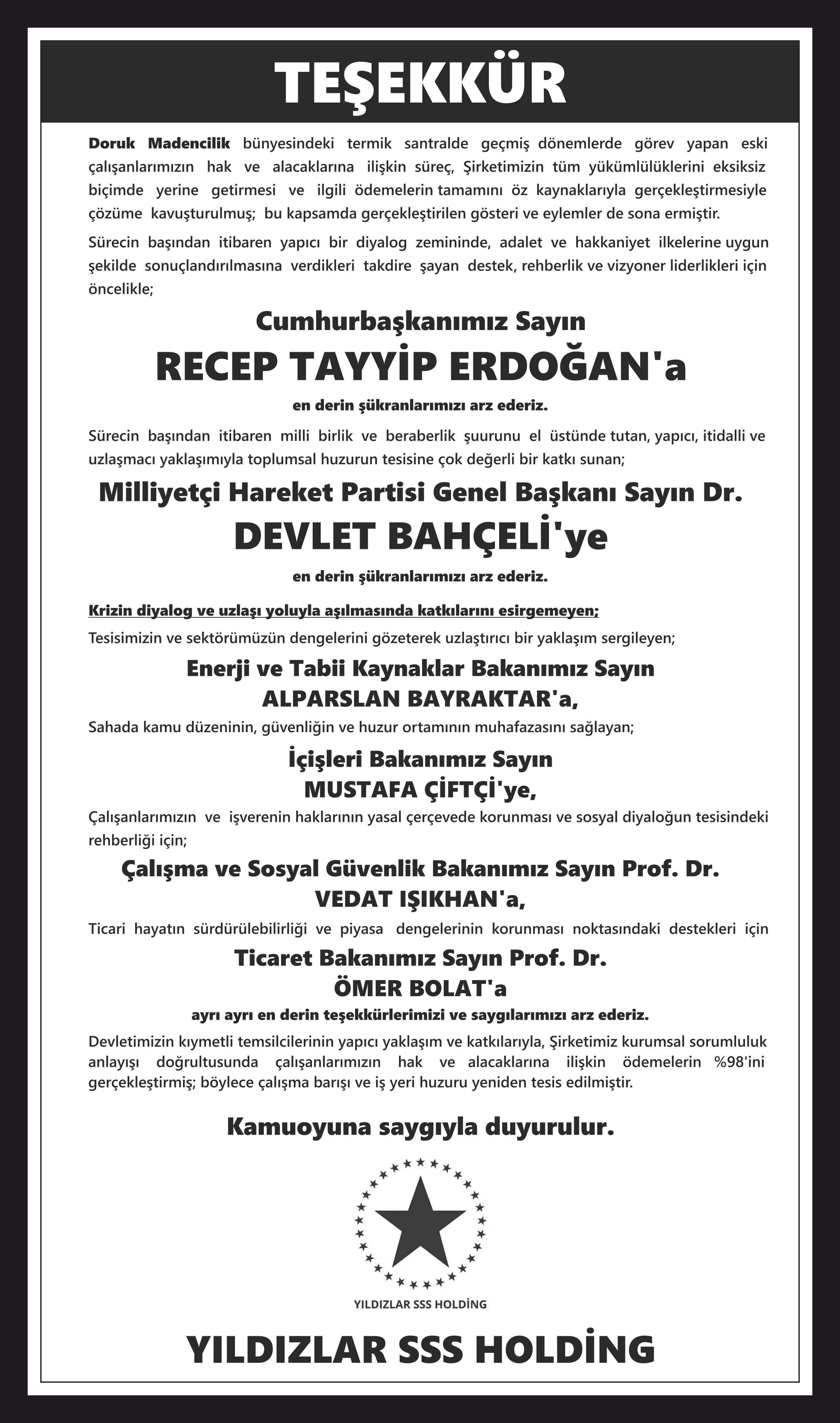Yıldızlar tam sayfa teşekkür ilanı